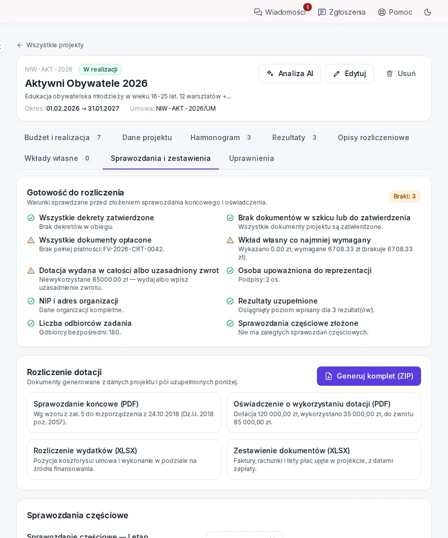 Ekran sprawozdań i zestawień projektu z gotowymi raportami do pobrania
